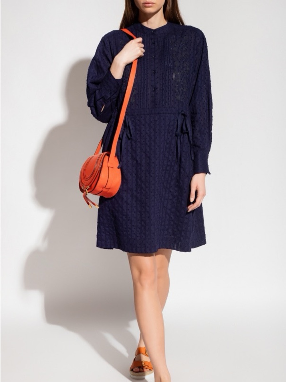 NWT SEE BY CHLOE Embroidered Shirtdress Dress Swiss Dot Jacquard Navy Blue 40